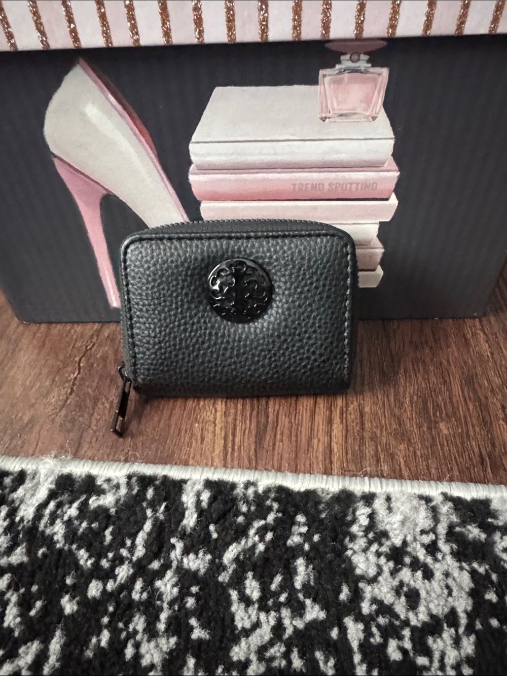 Black Pebbled Zip-Around Card Wallet with Logo Medallion